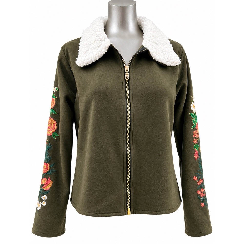 Women's Size S Olive Faux Suede Jacket Floral Embroidery Sherpa Collar Boho